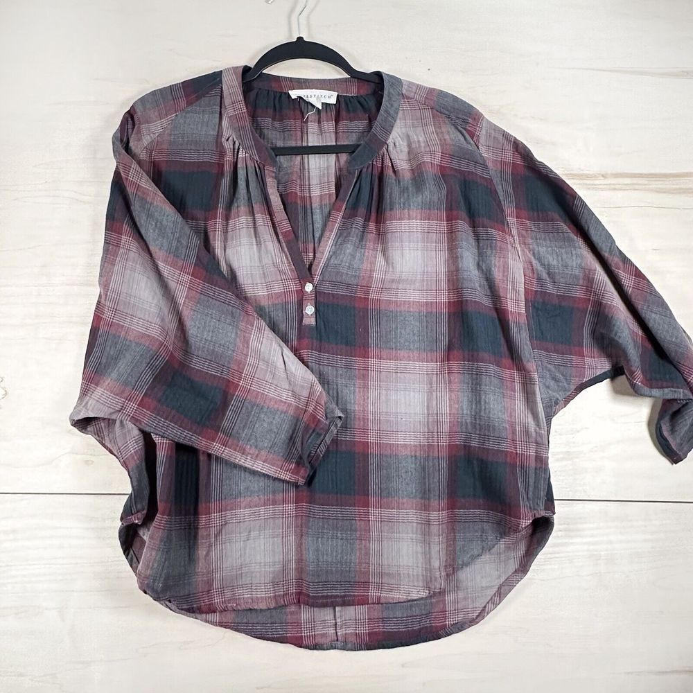 Lovestitch Gray Maroon Plaid Dolman Sleeve Top Shirt 1/4 button up‎ M